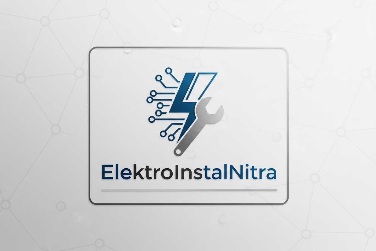 Logo spoločnosti ElektroInstalNitra so symbolom blesku, plošného spoja a montážneho kľúča na svetlom pozadí.